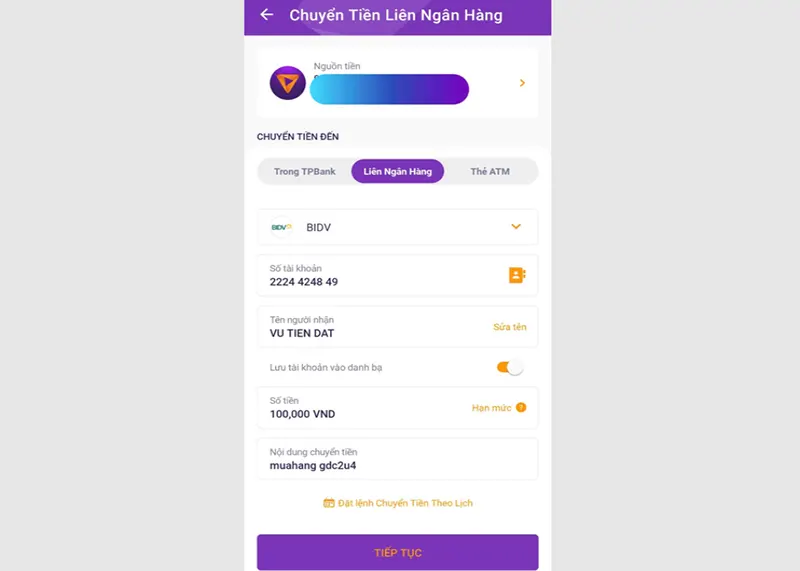 Thực hiện chuyển tiền vào tài khoản ngân hàng BIDV mà cổng game cung cấp